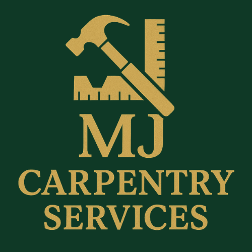 MJ Carpentry Services logo with hammer and ruler on green background
